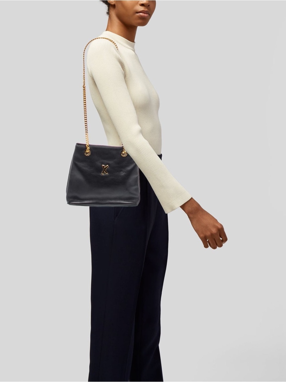 Vintage By Paloma Picasso Black Leather Gold Chain Shoulder Bag Italy